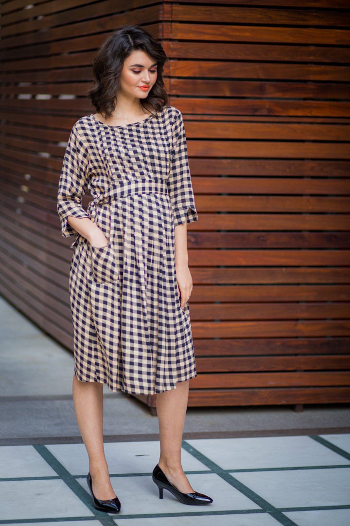 Timeless Plaid Pintucks Maternity & Nursing Dress - MOMZJOY.COM