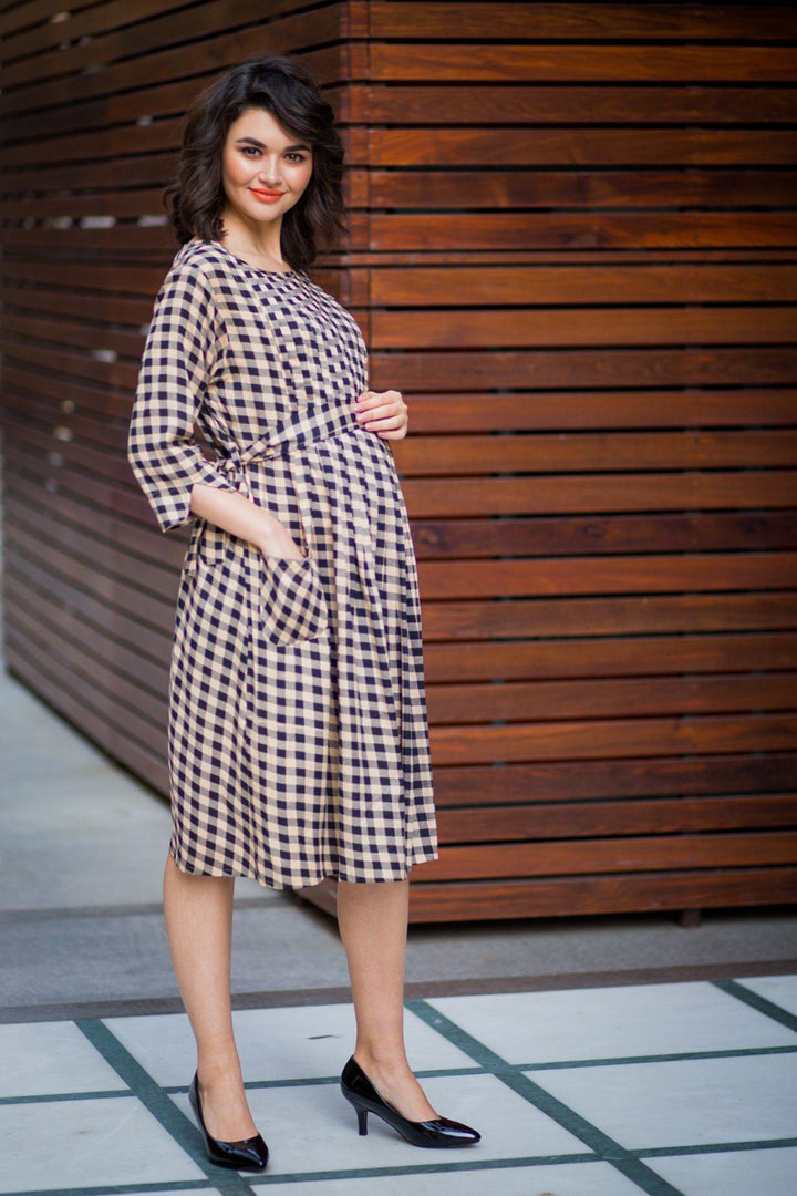 Timeless Plaid Pintucks Maternity & Nursing Dress - MOMZJOY.COM