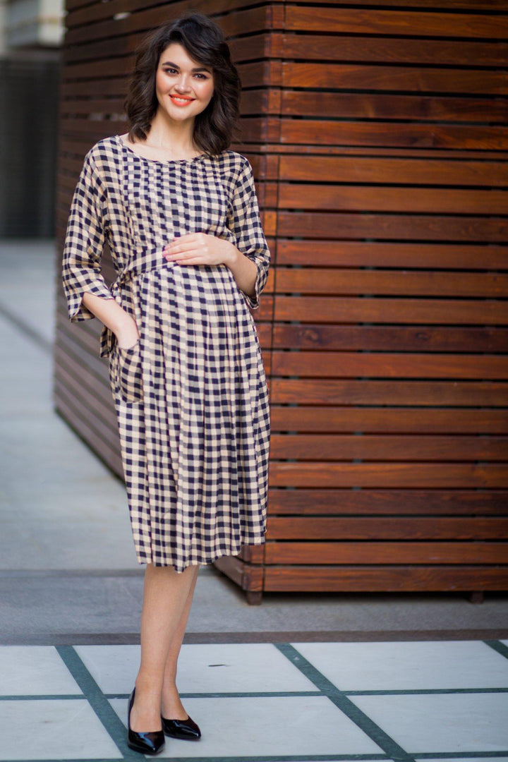 Timeless Plaid Pintucks Maternity & Nursing Dress - MOMZJOY.COM