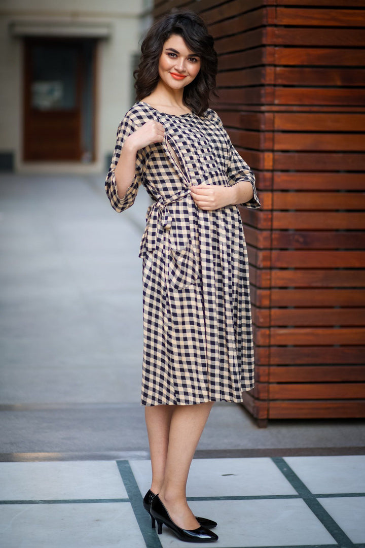 Timeless Plaid Pintucks Maternity & Nursing Dress - MOMZJOY.COM