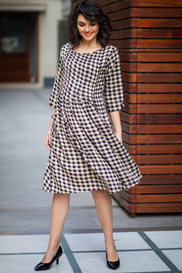 Timeless Plaid Pintucks Maternity & Nursing Dress - MOMZJOY.COM