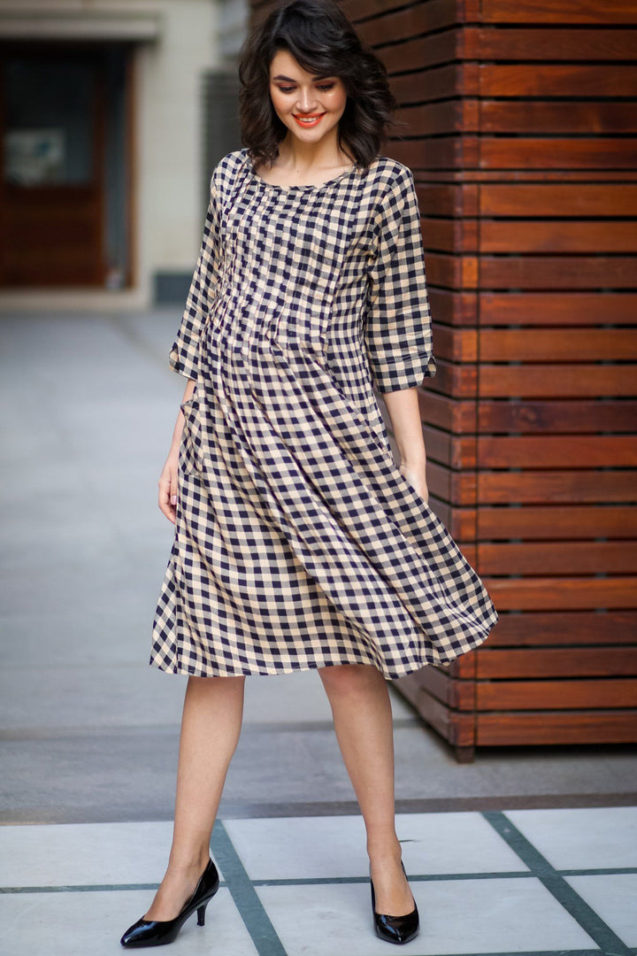 Timeless Plaid Pintucks Maternity & Nursing Dress - MOMZJOY.COM