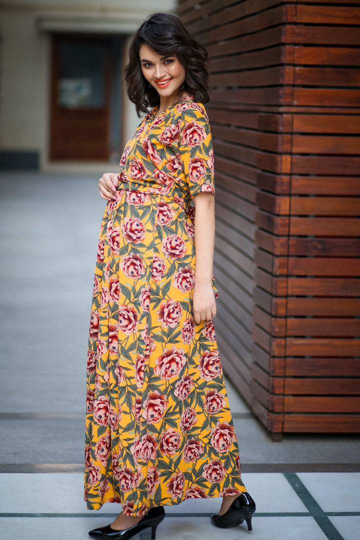 Mustard Yellow Blossom Maternity & Nursing Wrap Dress - MOMZJOY.COM