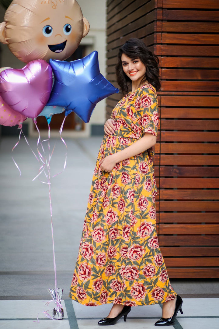 Mustard Yellow Blossom Maternity & Nursing Wrap Dress - MOMZJOY.COM