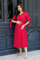 Paradise Cherry Dotted Maternity & Nursing Midi Wrap Dress momzjoy.com