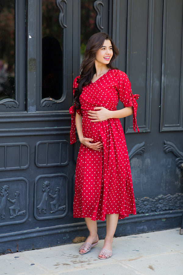 Paradise Cherry Dotted Maternity & Nursing Midi Wrap Dress momzjoy.com