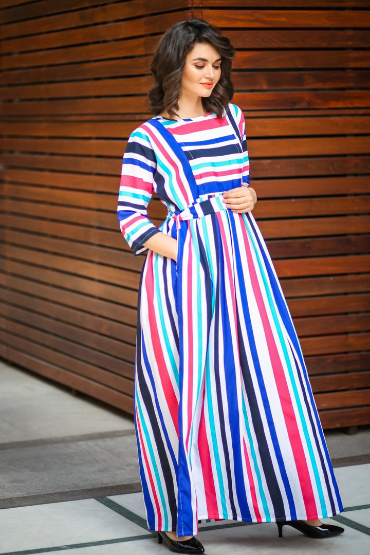 Carribean Blue Cherry Stripe Maternity & Nursing Maxi momzjoy.com