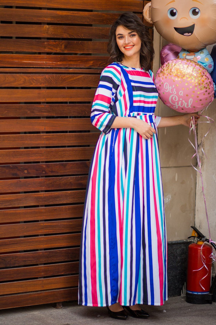 Carribean Blue Cherry Stripe Maternity & Nursing Maxi momzjoy.com