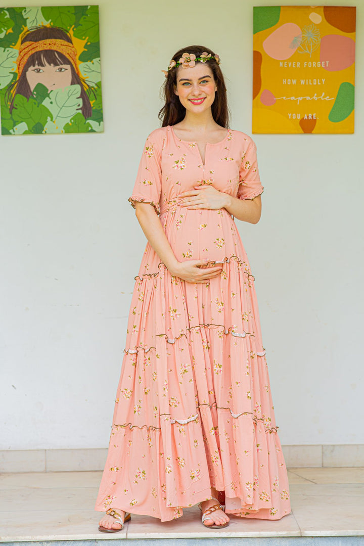 Peach Garden Frill Maternity & Nursing Dress MOMZJOY.COM