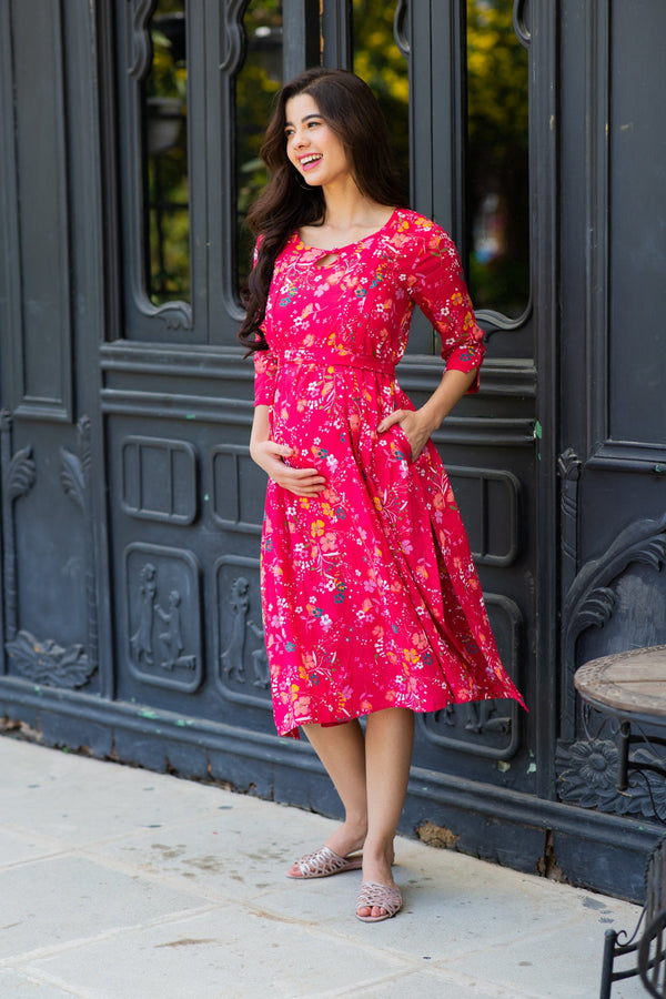 Cheery Red Floral Side Slit Concealed Zip Maternity & Nursing Dress MOMZJOY.COM