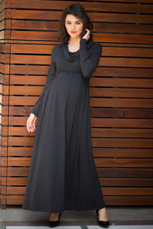 Exquisite Black Cowl Neck Off-shoulder Lycra Maternity Maxi Dress momzjoy.com