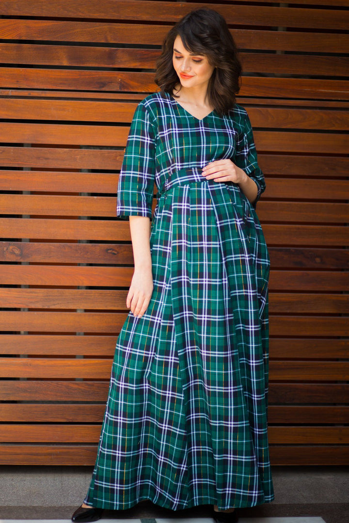 Nautical Teal Plaid Maternity & Nursing Maxi Dress - MOMZJOY.COM