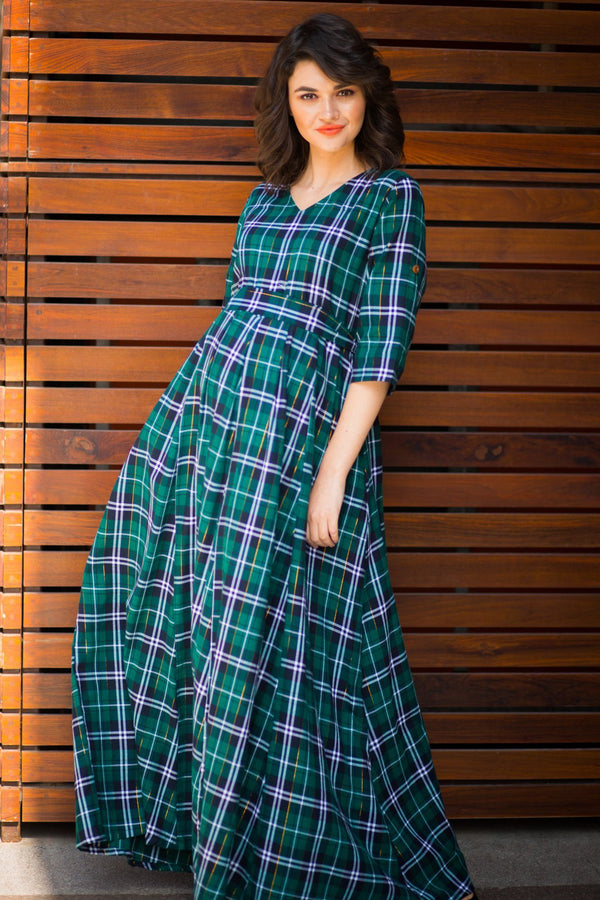 Nautical Teal Plaid Maternity & Nursing Maxi Dress - MOMZJOY.COM