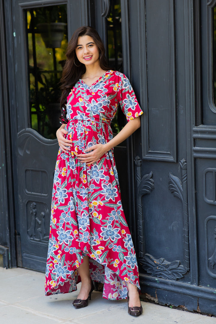 Scarlet Bloom Hi-Low Maternity & Nursing Wrap Dress momzjoy.com