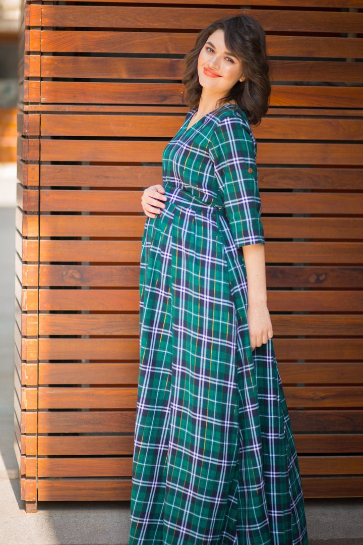 Nautical Teal Plaid Maternity & Nursing Maxi Dress - MOMZJOY.COM