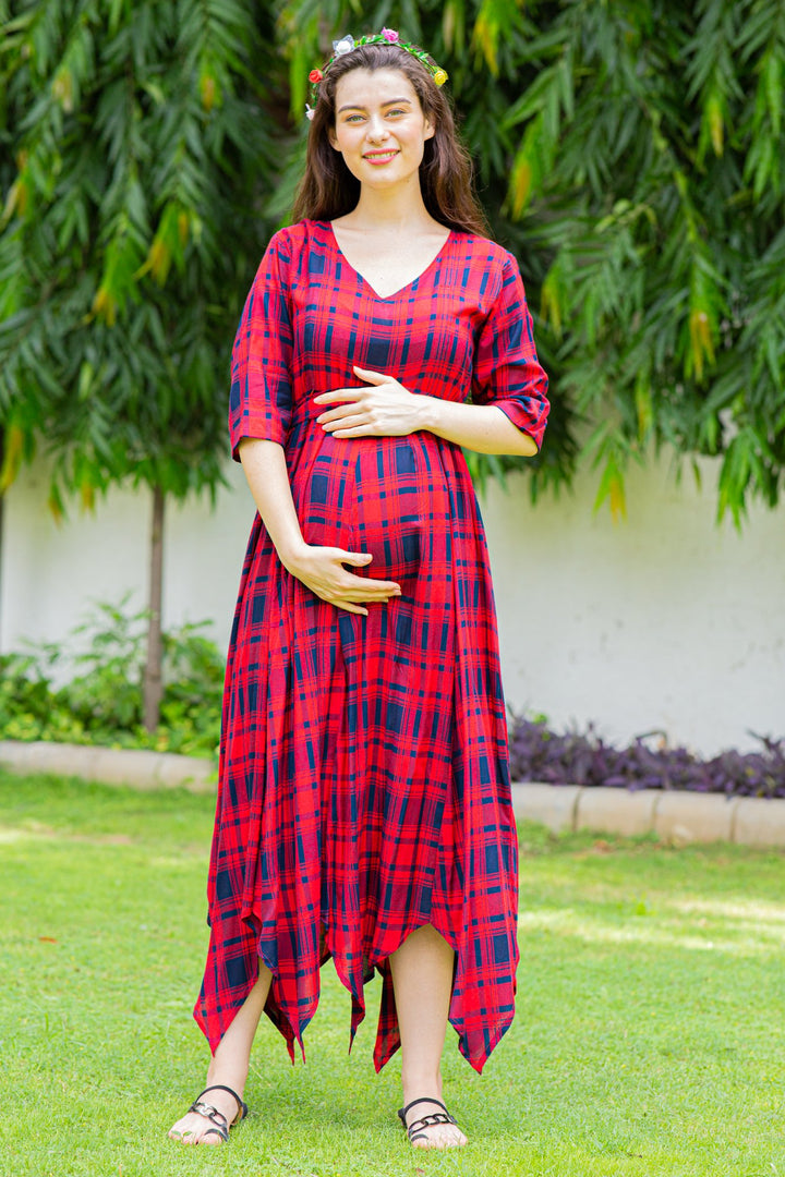 Timeless Red Plaid Maternity & Nursing Maxi Dress momzjoy.com