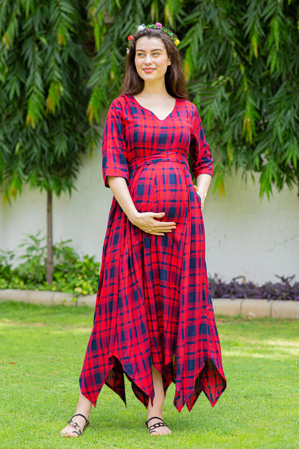 Timeless Red Plaid Maternity & Nursing Maxi Dress momzjoy.com