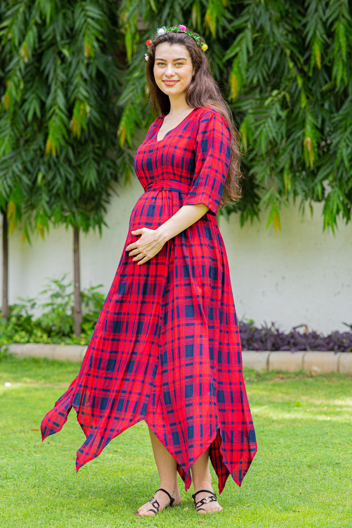 Timeless Red Plaid Maternity & Nursing Maxi Dress momzjoy.com