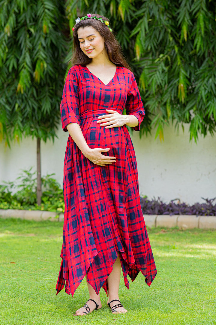 Timeless Red Plaid Maternity & Nursing Maxi Dress momzjoy.com