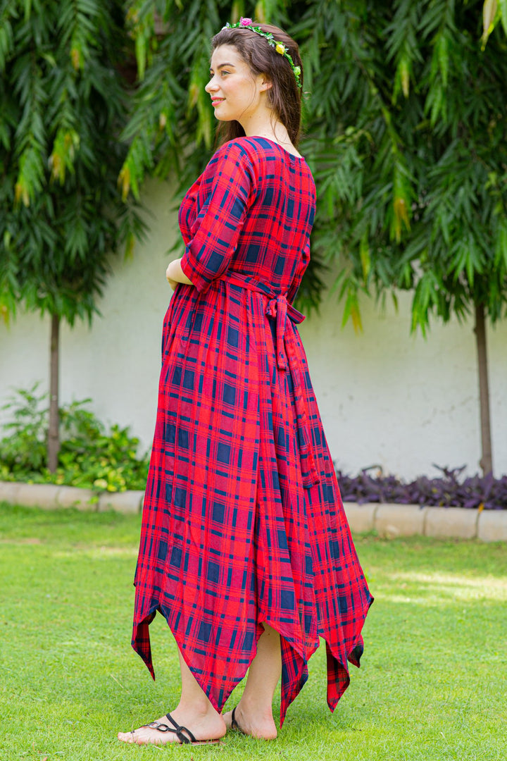 Timeless Red Plaid Maternity & Nursing Maxi Dress momzjoy.com