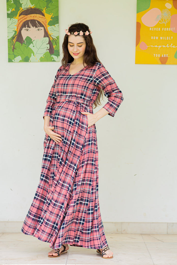 Rouge Pink Plaid Maternity & Nursing Maxi Dress momzjoy.com