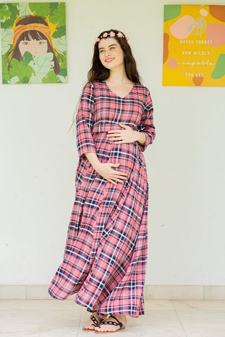 Rouge Pink Plaid Maternity & Nursing Maxi Dress momzjoy.com