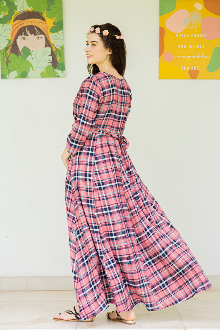 Rouge Pink Plaid Maternity & Nursing Maxi Dress momzjoy.com