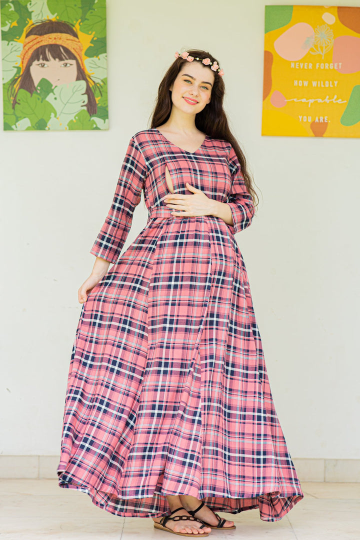 Rouge Pink Plaid Maternity & Nursing Maxi Dress momzjoy.com