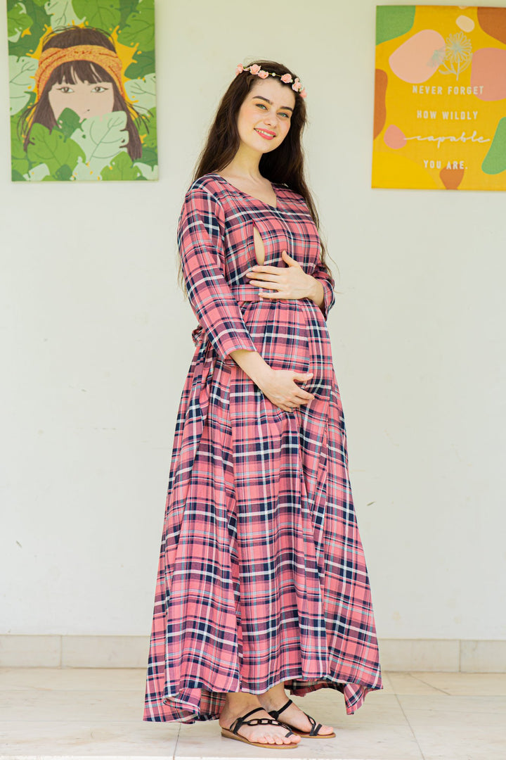 Rouge Pink Plaid Maternity & Nursing Maxi Dress momzjoy.com