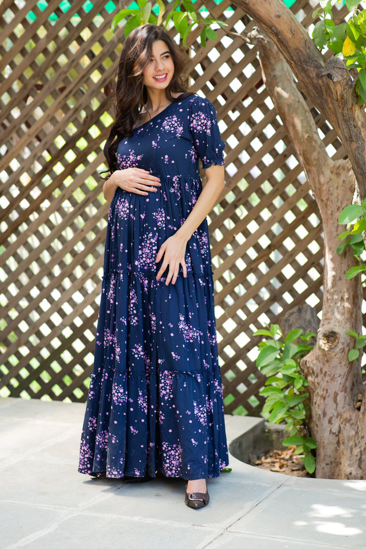 Twilight Floral Maternity & Nursing One-Shoulder Viscose Dress momzjoy.com