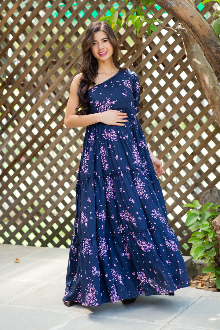 Twilight Floral Maternity & Nursing One-Shoulder Viscose Dress momzjoy.com