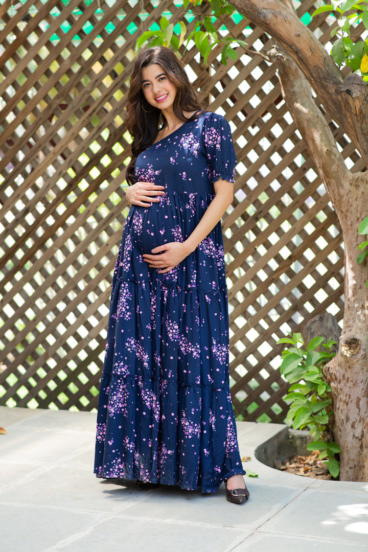 Twilight Floral Maternity & Nursing One-Shoulder Viscose Dress momzjoy.com