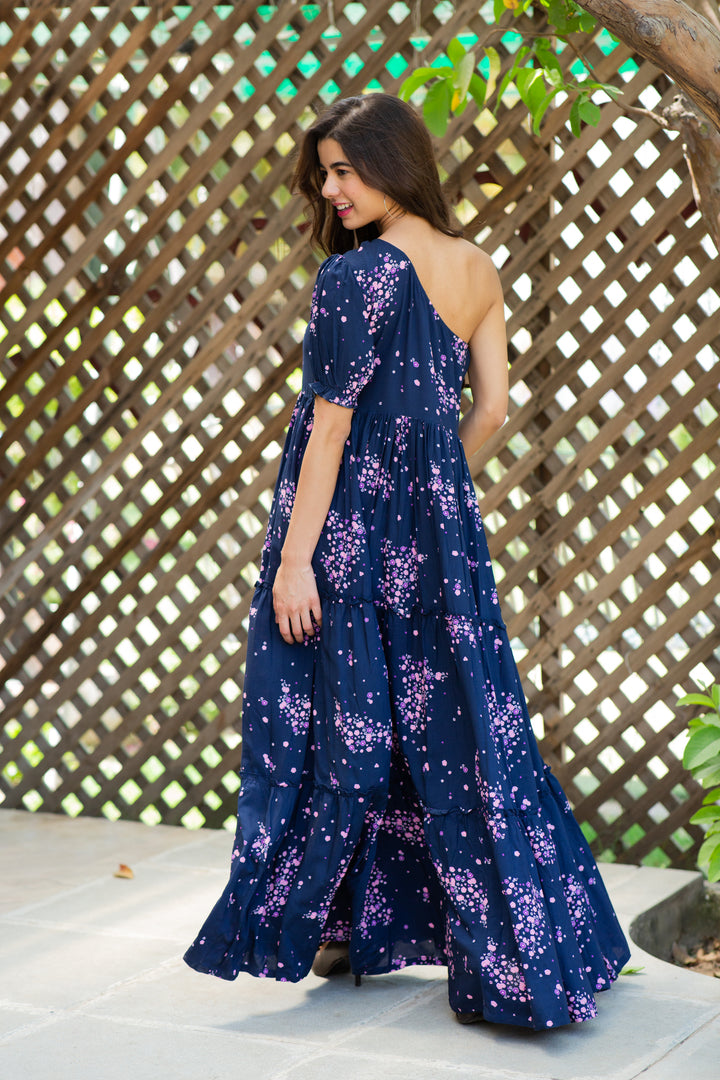 Twilight Floral Maternity & Nursing One-Shoulder Viscose Dress momzjoy.com