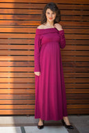 Classic Wine Cowl Neck Off-shoulder Lycra Maternity Maxi Dress momzjoy.com