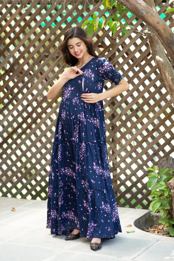 Twilight Floral Maternity & Nursing One-Shoulder Viscose Dress momzjoy.com