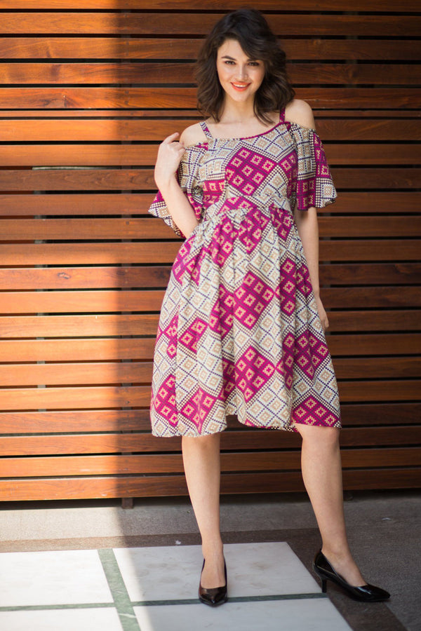 Pink Crystal Cold Shoulder Maternity Dress - MOMZJOY.COM