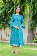 Teal Paisley Maternity & Nursing Kurta Dress momzjoy.com