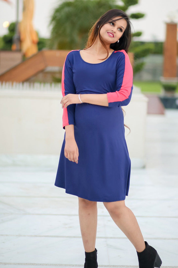 Navy Blue Chic Maternity & Nursing Dress momzjoy.com