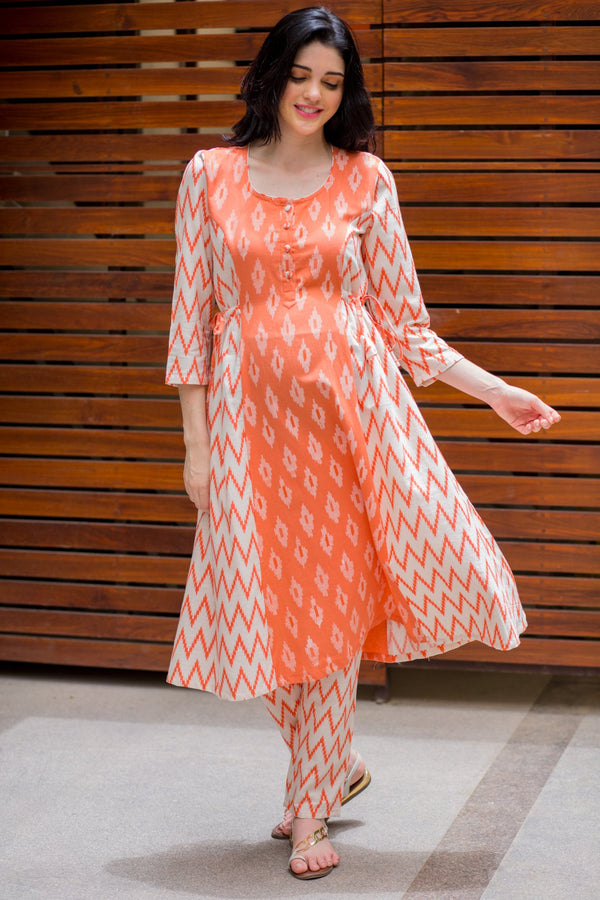 Set of 2 - Tangerine Orange Cotton Maternity & Nursing Side Tie Kurta Dress + Bump Band Bottom momzjoy.com