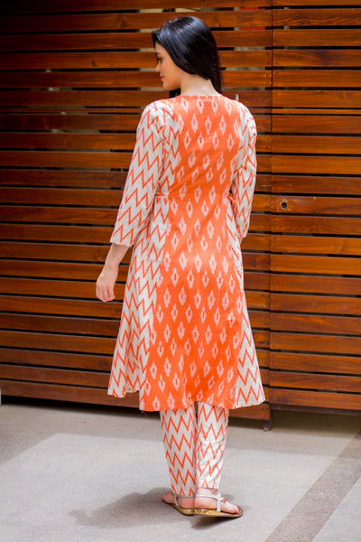 Set of 2 - Tangerine Orange Cotton Maternity & Nursing Side Tie Kurta Dress + Bump Band Bottom momzjoy.com