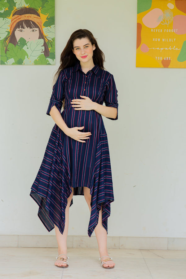 Asymmetrical Stripes Maternity & Nursing Dress MOMZJOY.COM