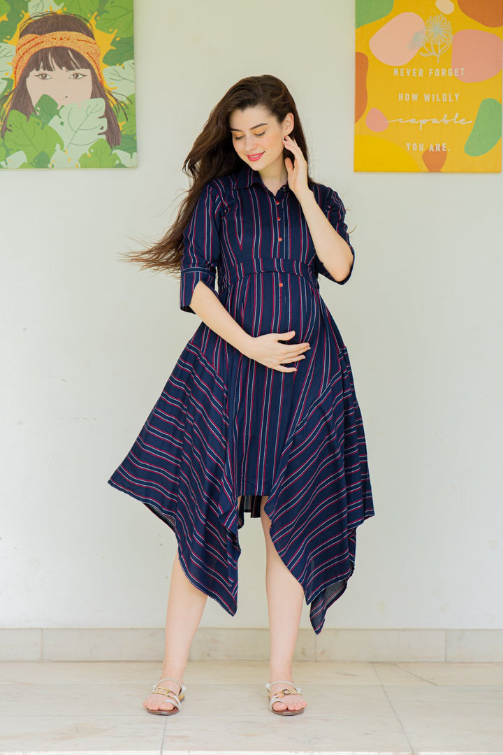 Asymmetrical Stripes Maternity & Nursing Dress MOMZJOY.COM