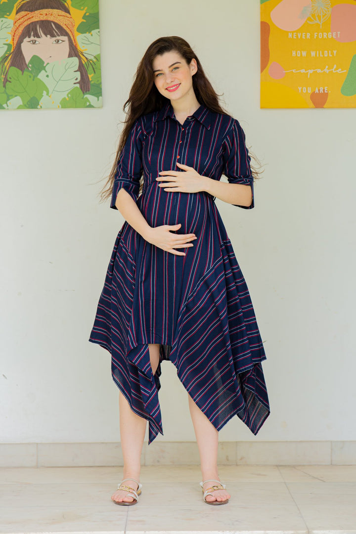 Asymmetrical Stripes Maternity & Nursing Dress MOMZJOY.COM