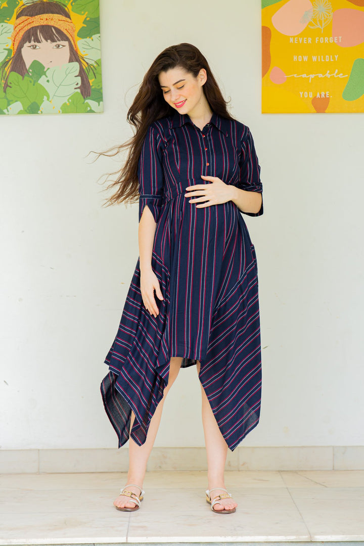 Asymmetrical Stripes Maternity & Nursing Dress MOMZJOY.COM