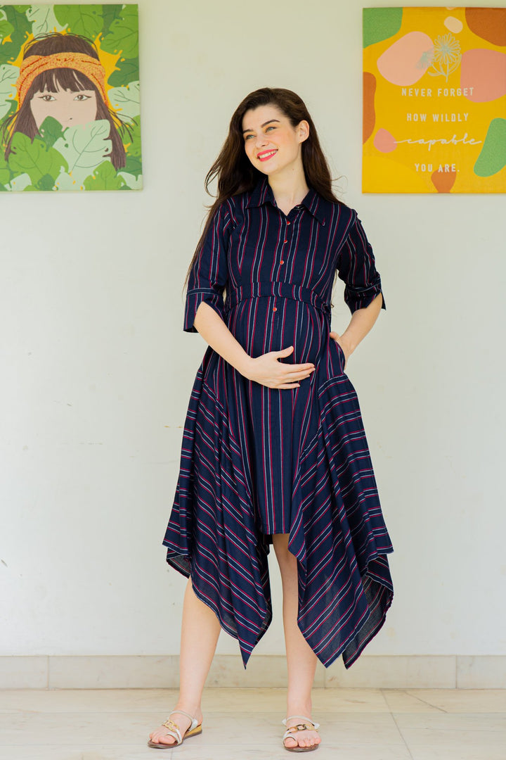 Asymmetrical Stripes Maternity & Nursing Dress MOMZJOY.COM