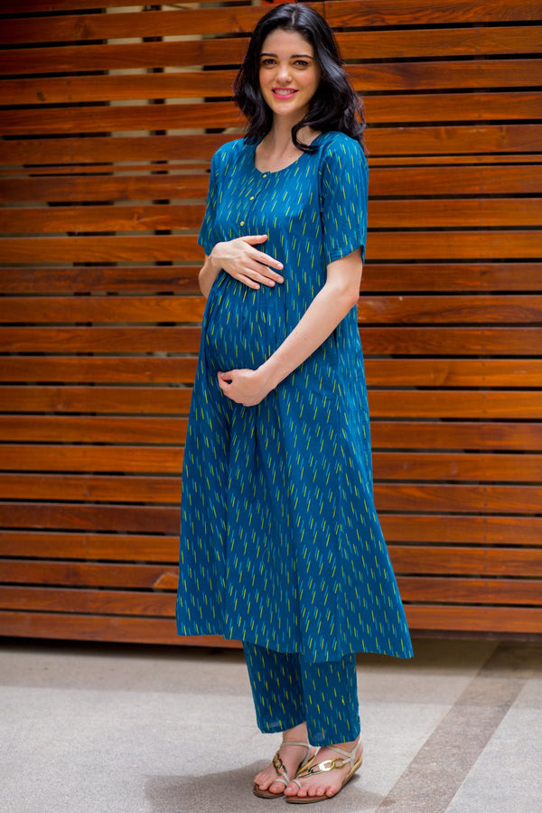 Indigo Cotton Front Button Maternity & Nursing Kurta momzjoy.com