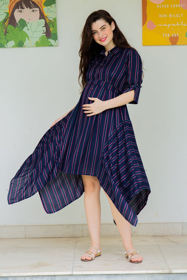 Asymmetrical Stripes Maternity & Nursing Dress MOMZJOY.COM