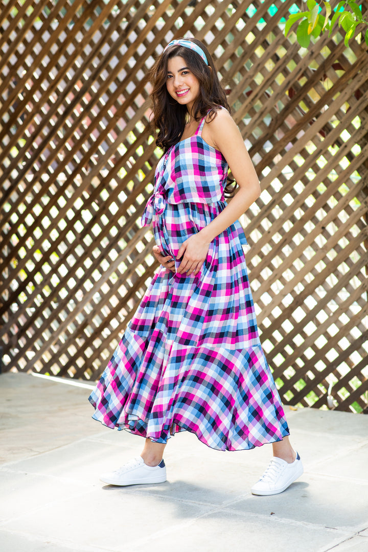 Arctic Pink Gingham Dual Bow Maternity Dress momzjoy.com
