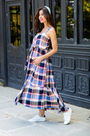 Blue Tartan Plaid Dual Bow Maternity Dress momzjoy.com