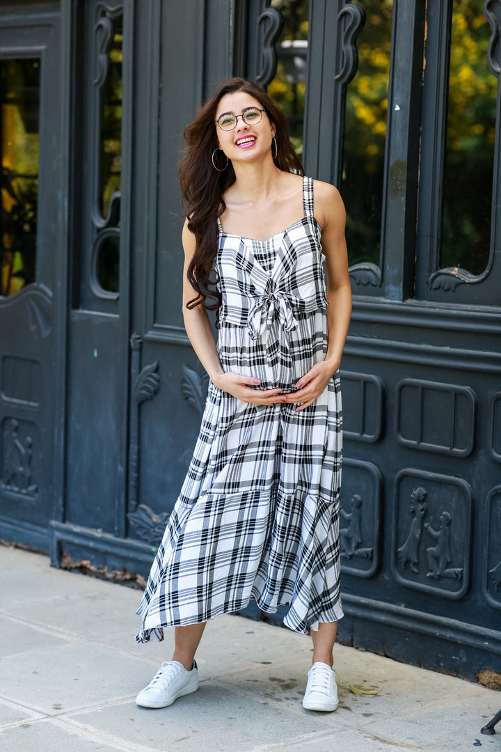 Black & White Plaid Dual Bow Maternity Dress momzjoy.com